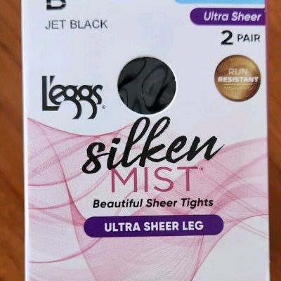 Leggs Silken Mist 2 PAIRS Ultra Sheer Leg Tights B JET BLACK Control Top 97694